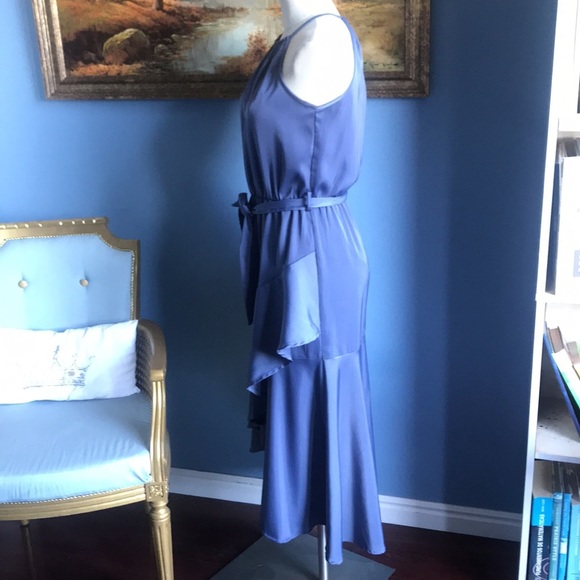 Fashion bluish gray asymmetric halter layered ruffled party maxi dress size S - Picture 2 of 15